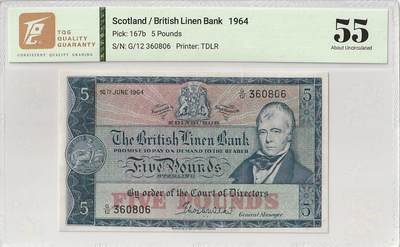 2025十一月第三期，总201期 - 苏格兰不列颠亚麻银行1964年5镑TQG55分无47，少见的早期发钞行发行中高面值品种，诗人沃尔特斯科特和不列颠尼亚女神