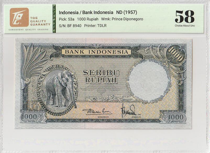 2025十一月第三期，总201期 印度尼西亚1957版1000卢比TQG58分，作为印尼发行时间早且时间使用时间极短（因委托德纳罗公司印刷不能彰显印尼的独立性质，一年后便改版为更常见的国内印刷花版）的稀有品种，以及正面细腻刻画的大象形象和背面的传统捕鱼图景，被藏家所追捧