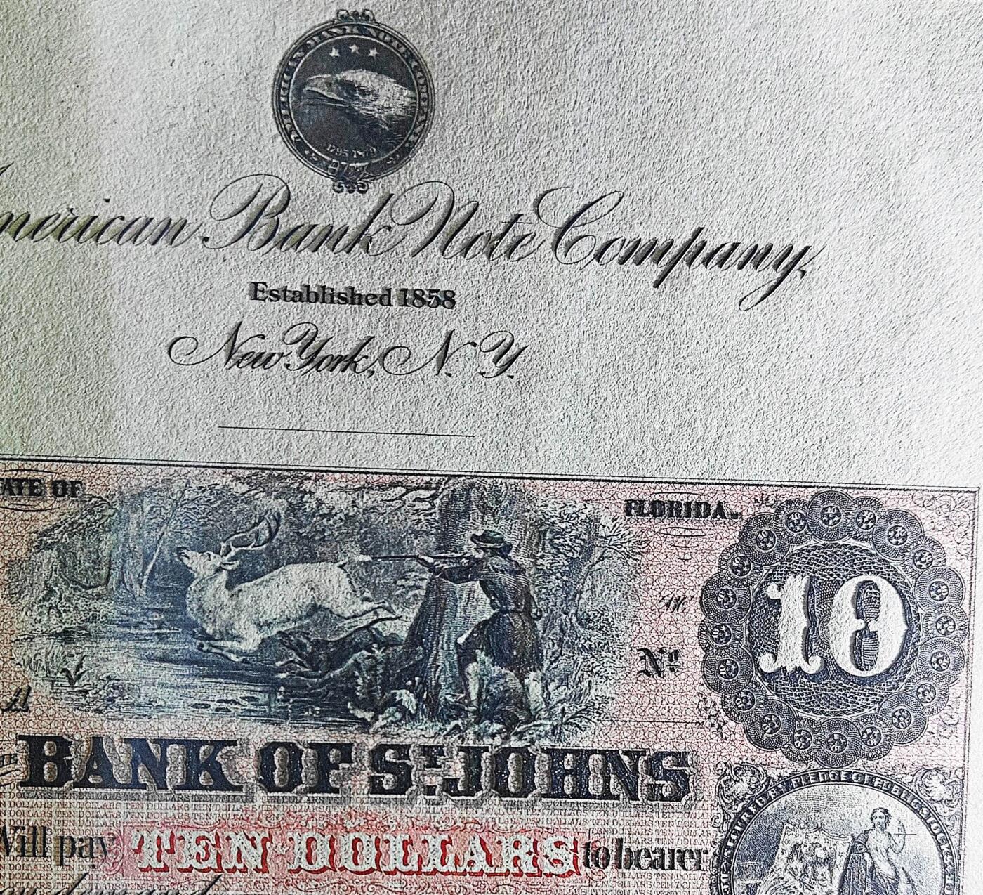 《外钞收藏家》第五百八十三期（精选场）（本期拍品丰富）（本平台长期征集拍品、欢迎藏友们联系合作） 1982年 美国钞票公司(ABNC)印制 10美元 雕刻版票样纪念卡 原版纸币1859-1860 年间由美国佛罗里达州圣约翰斯银行（The Bank of St. Johns）发行流通 该雕刻版票样纪念卡为百年原钞母版印制（非普通平面印刷） 并限量发行 背面为美钞公司总裁认证签名 乃高价原版老美钞收藏欣赏之平替