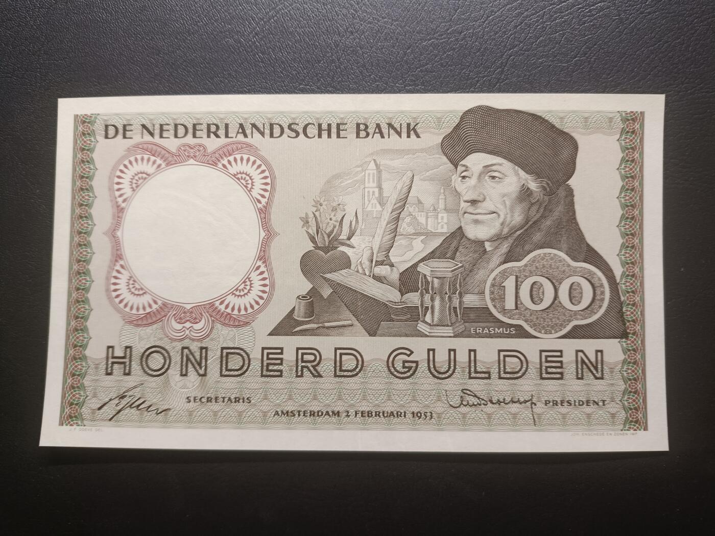 2025十一月第三期，总201期 荷兰1953版100盾AUNC，哲学家伊拉斯谟