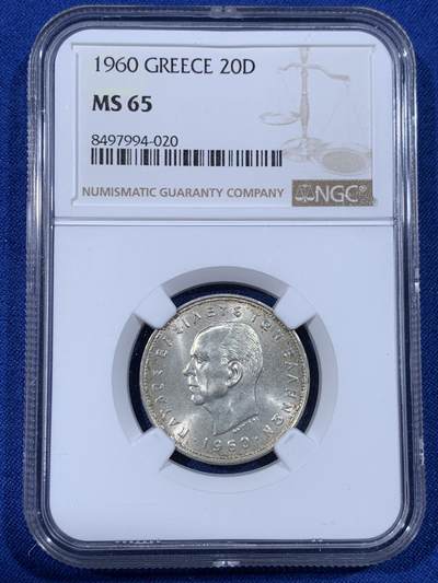 《竞宝斋》第436场 周日，周一2场连拍 （全场包邮） - NGC MS65 希腊1960年月亮女神20德拉克马银币，该品种65几乎为上限难以突破，轻微带彩，很不错。