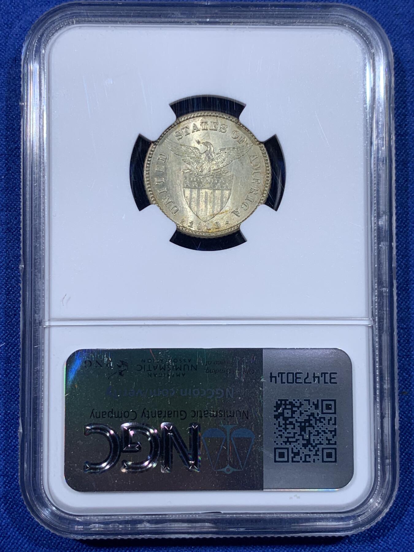 《竞宝斋》第436场 周日，周一2场连拍 （全场包邮） NGC MS64 美属菲律宾1918年20分银币，稀少的早期年份高分，季军分，价格远远高于后期常见的1945年版本