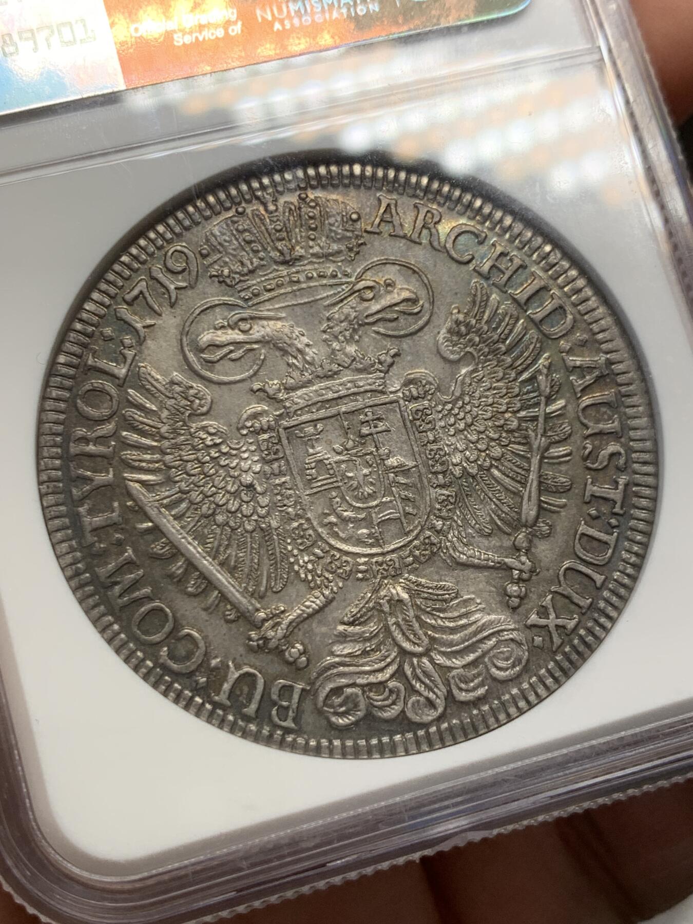 《竞宝斋》第436场 周日，周一2场连拍 （全场包邮） 亚军分 NGC MS63 神圣罗马帝国 1719年 卡尔六世 泰勒大银币 细节好 原味包浆 热门大波浪