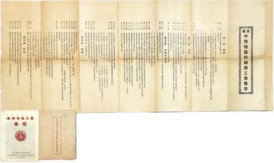 2025年吉藏纸杂文献秋季专场拍卖会 - 建国前香港工人运动文献各工会章程一组三件：香港海员工会章程；香港中南机器纺织业工会章程；香港电车公司华员职工存爱会章程。 8.7×12×0.1cm-17.1×66.4cm