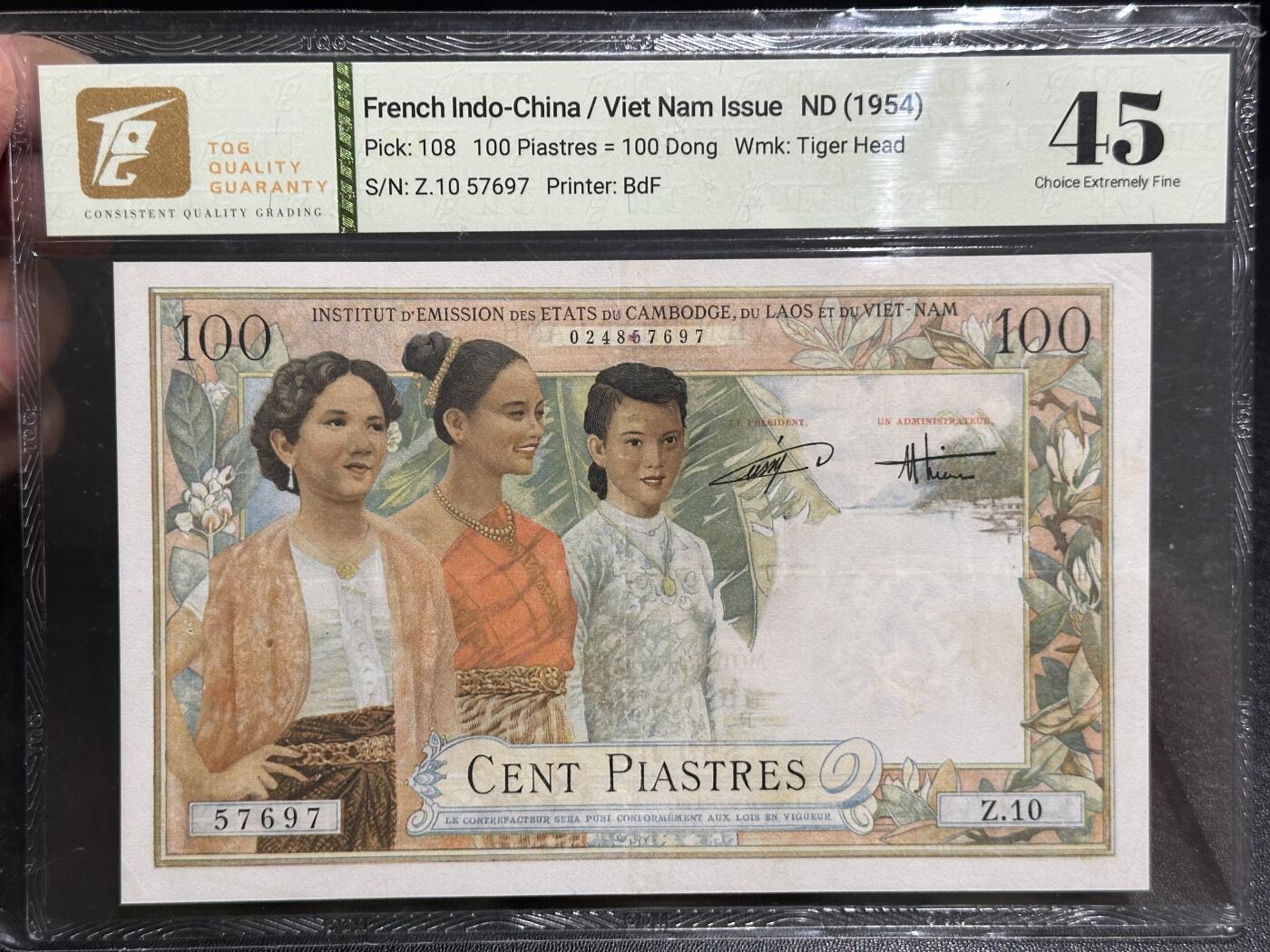 《外钞收藏家》第五百八十三期（精选场）（本期拍品丰富）（本平台长期征集拍品、欢迎藏友们联系合作） 1854年法属印支 100法郎 TQG45