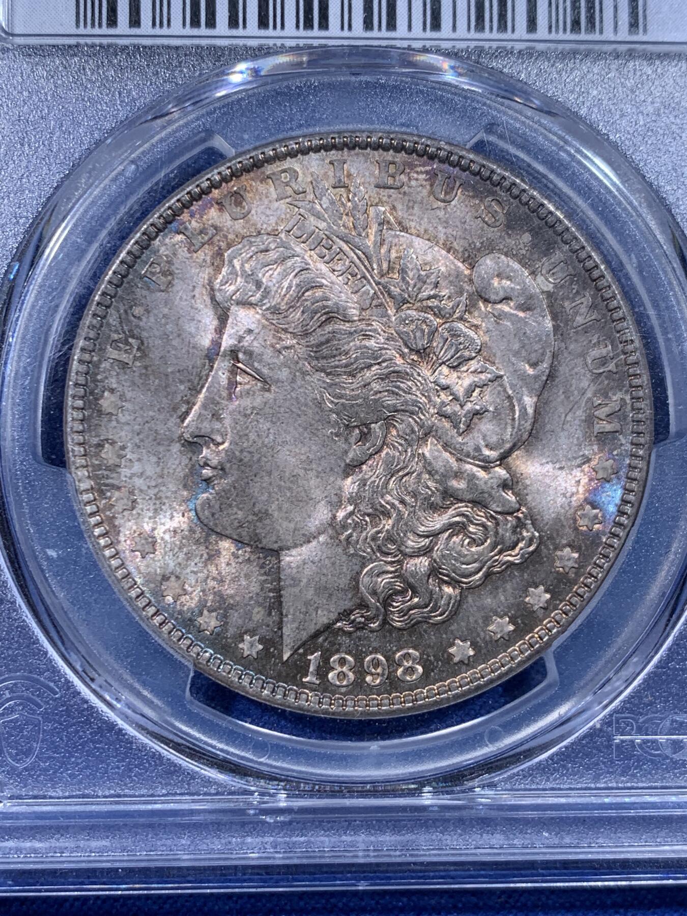 《竞宝斋》第436场 周日，周一2场连拍 （全场包邮） PCGS MS64 美国1898年摩根银币，单面幻彩，市场上较少的年份。