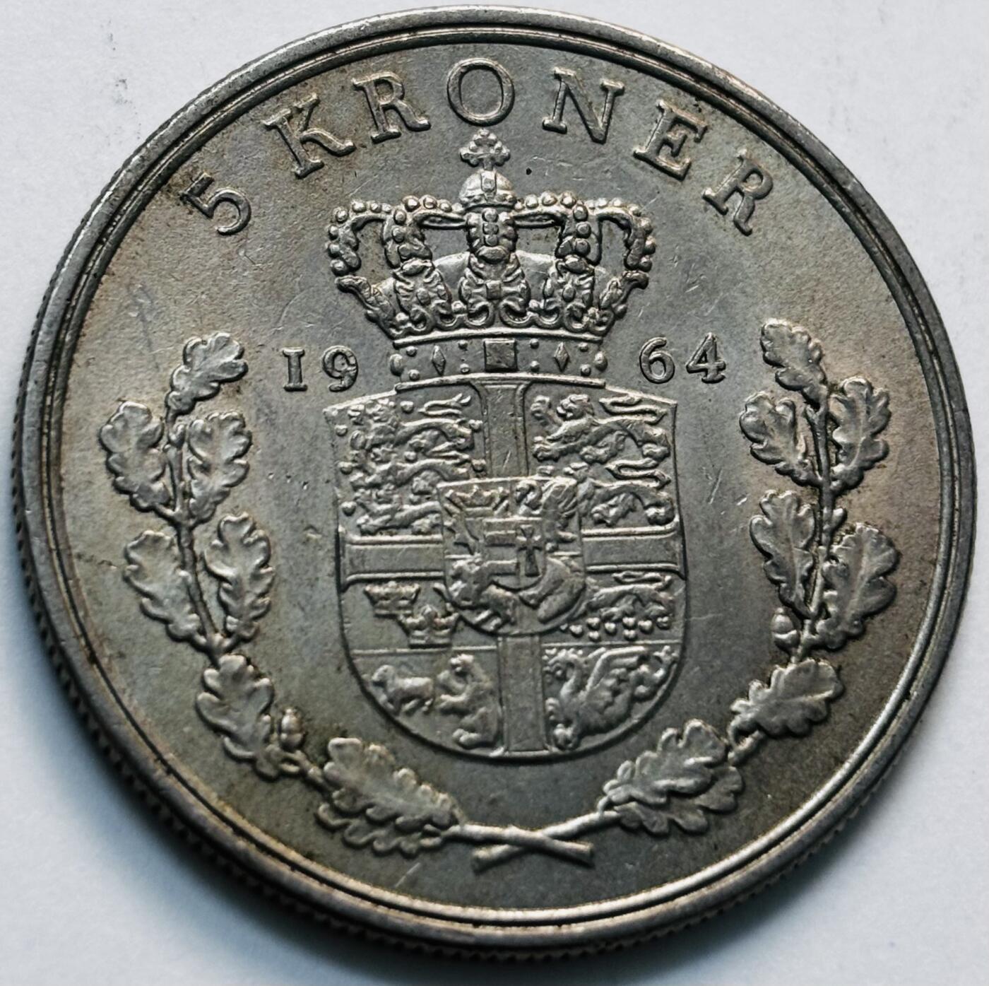 文馨钱币收藏第 280 场， 长期接收代拍品 好品 1964 年丹麦佛雷德里克九世国王 5 克朗，第一版