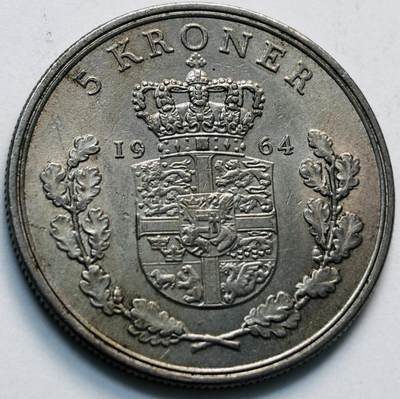文馨钱币收藏第 280 场， 长期接收代拍品 - 好品 1964 年丹麦佛雷德里克九世国王 5 克朗，第一版