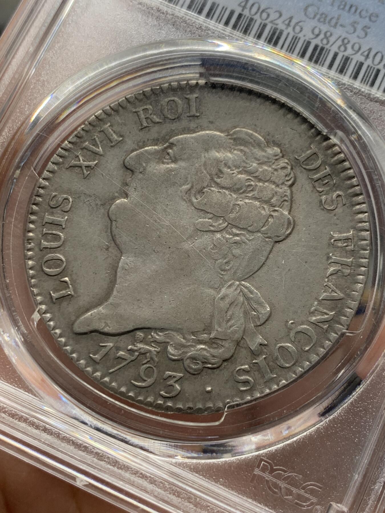 《竞宝斋》第436场 周日，周一2场连拍 （全场包邮） PCGS XFD 法国1793年路易十六幸运天使埃居大银币 原味