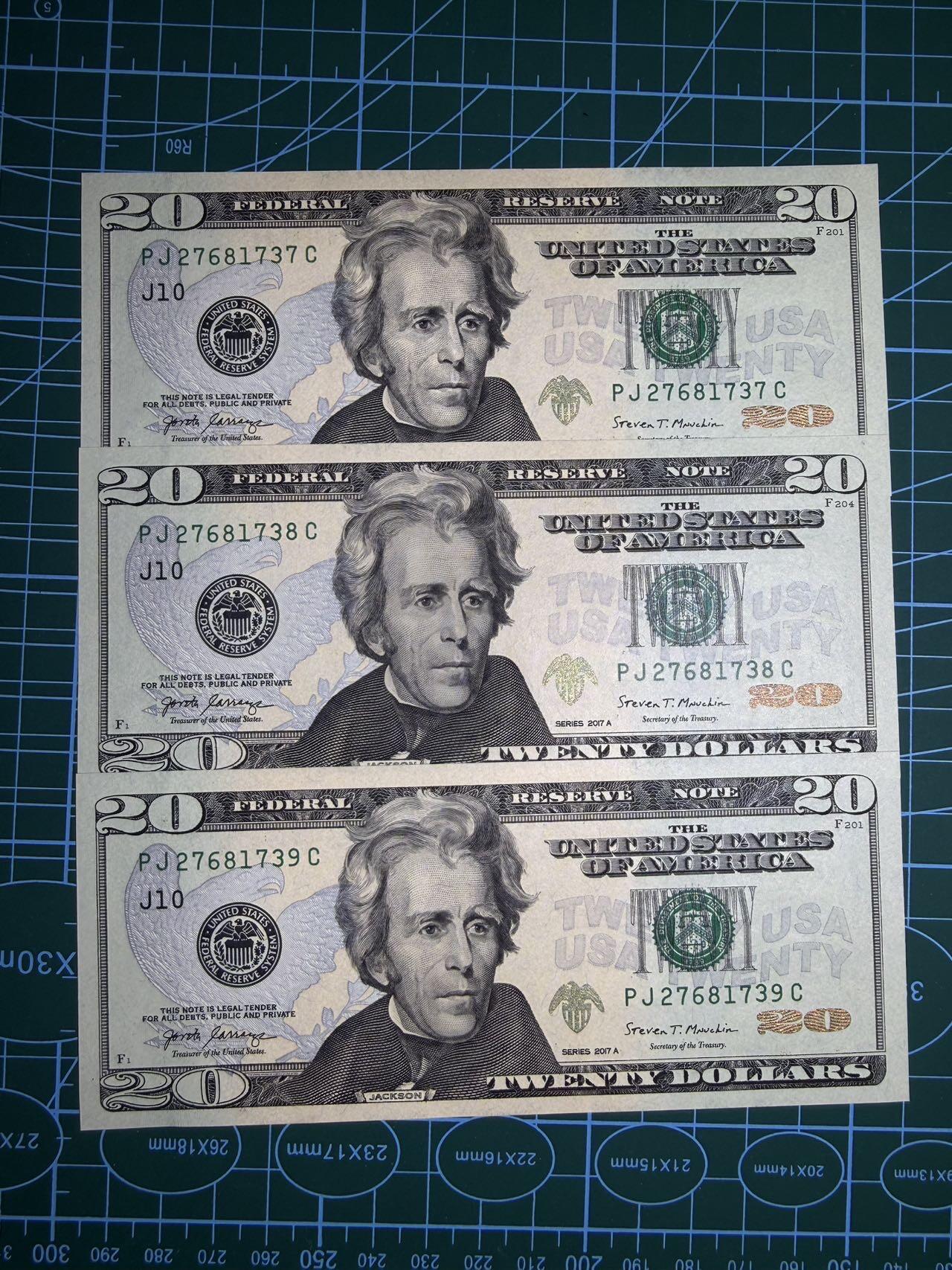 【炜奕收藏】，第五十期 美国20美元3连号，UNC品相