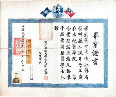2025年吉藏纸杂文献秋季专场拍卖会 - 民国二十一年（1932年）同济大学校长胡庶华签发医学院毕业证书一张 50.1×41.1cm