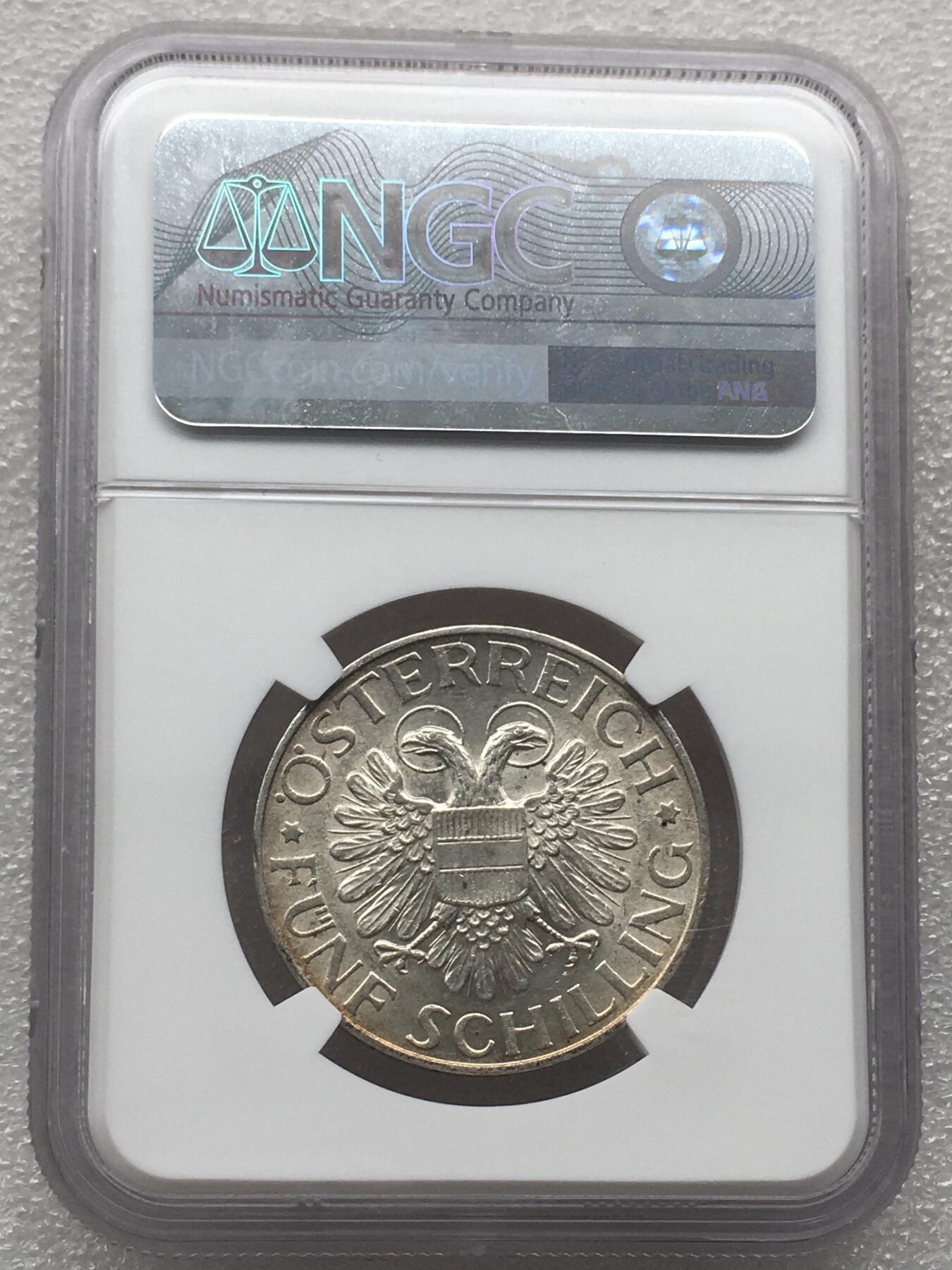 世界钱币专场拍卖 每周二开拍 少见NGC MS62分奥地利圣母抱婴5先令银币