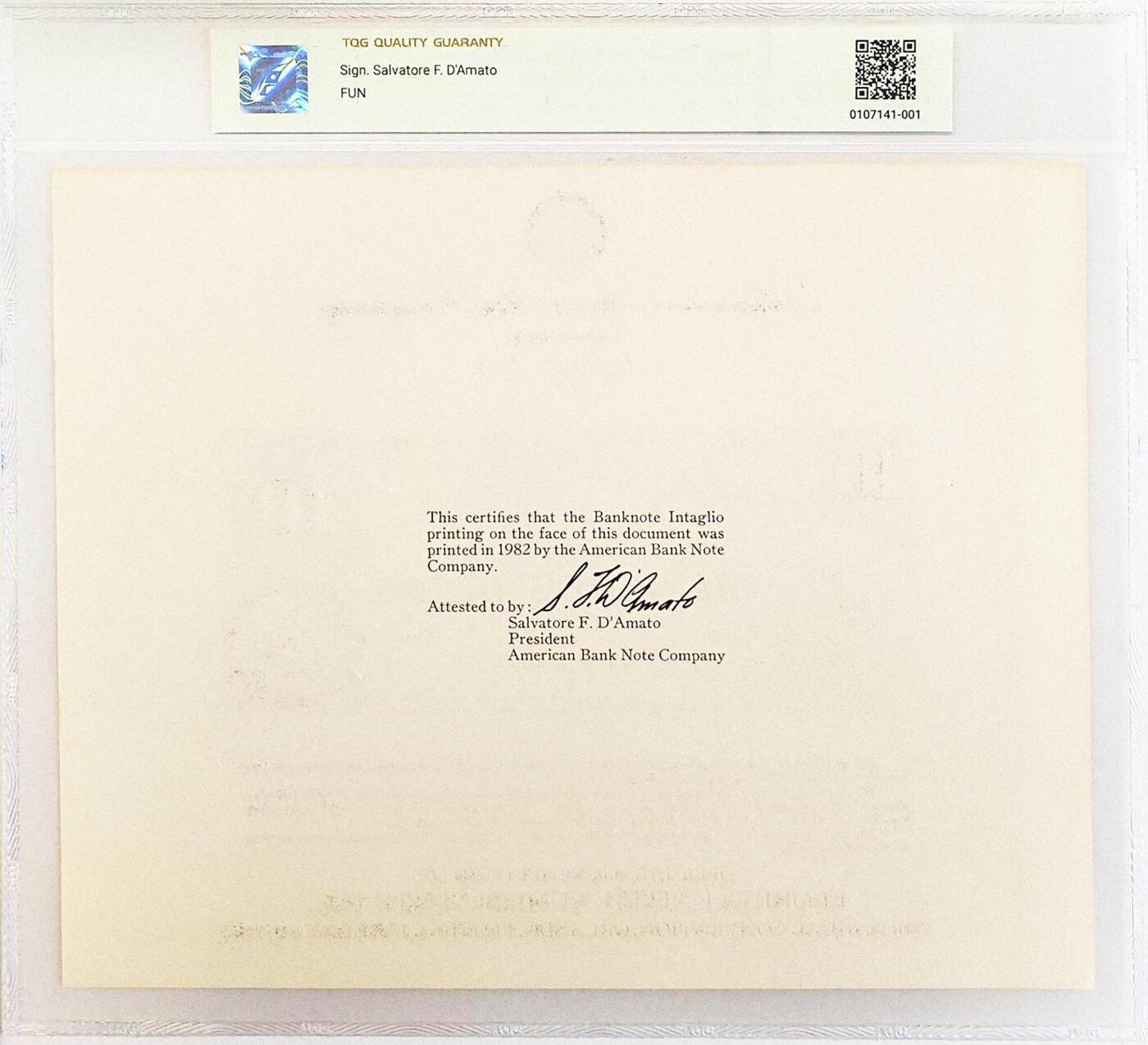 《外钞收藏家》第五百八十三期（精选场）（本期拍品丰富）（本平台长期征集拍品、欢迎藏友们联系合作） 1982年 美国钞票公司(ABNC)印制 10美元 雕刻版票样纪念卡 原版纸币1859-1860 年间由美国佛罗里达州圣约翰斯银行（The Bank of St. Johns）发行流通 该雕刻版票样纪念卡为百年原钞母版印制（非普通平面印刷） 并限量发行 背面为美钞公司总裁认证签名 乃高价原版老美钞收藏欣赏之平替