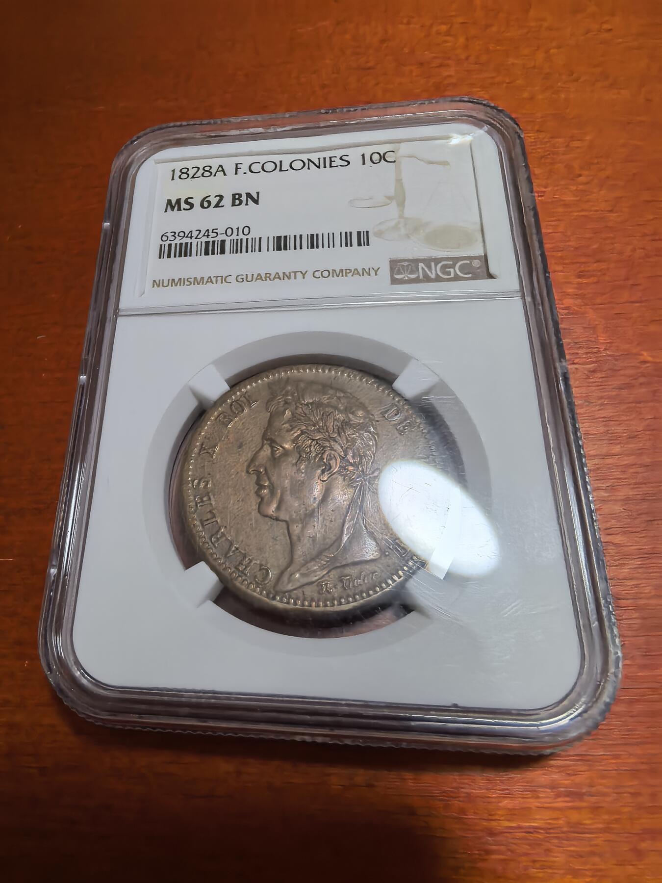 长老汇蛇年精选第七十二场拍卖 1828A 法国殖民地查尔斯十世10分铜币，NGC MS62BN，更高4枚。仅流通于法属西印度群岛