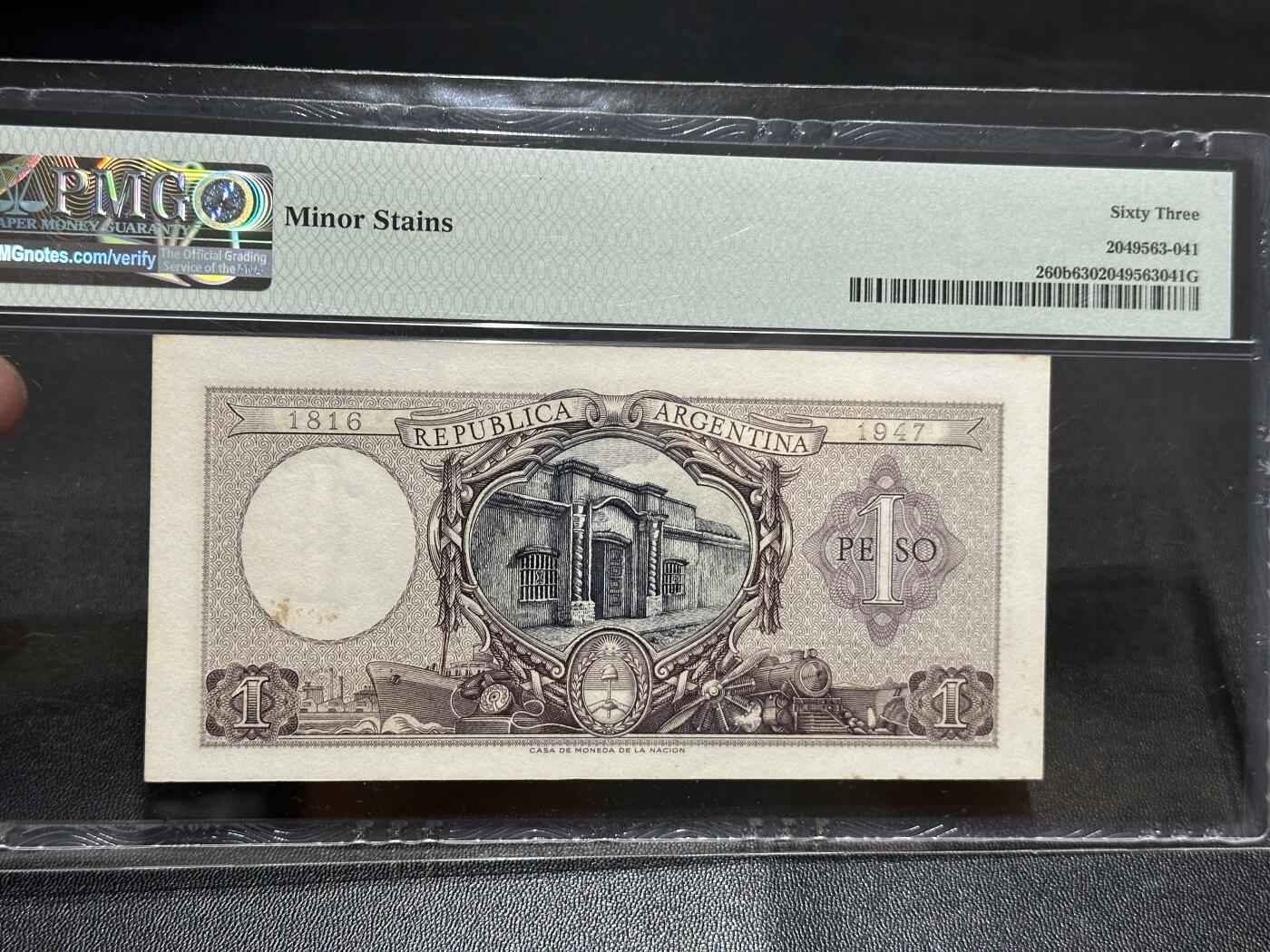 《外钞收藏家》第五百八十三期（精选场）（本期拍品丰富）（本平台长期征集拍品、欢迎藏友们联系合作） 1952-55年阿根廷1比索 PMG63 纪念钞