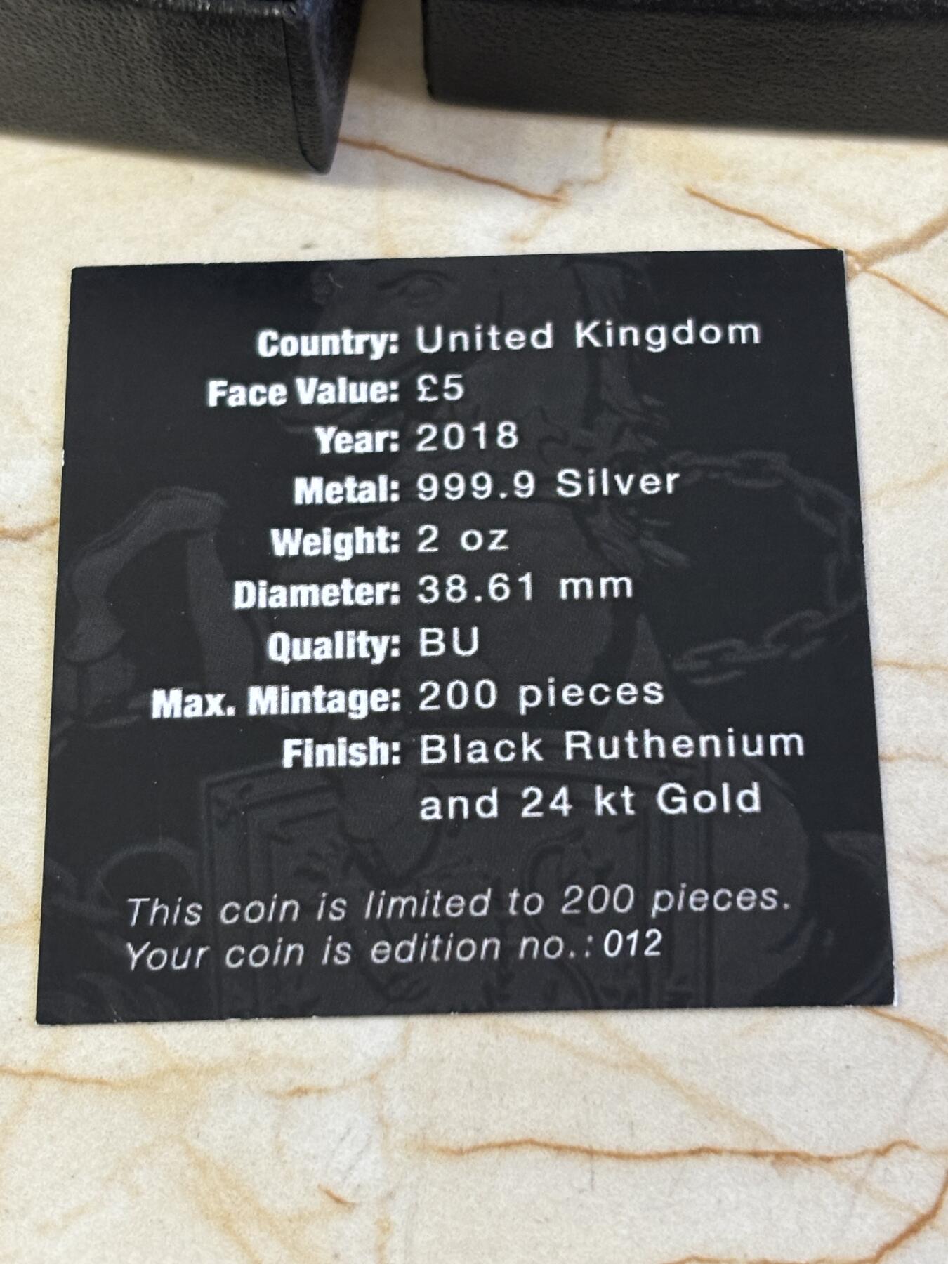 第181期拍卖 英国2018年女王神兽系列独角兽2盎司钌化镀金银币，999银钌化镀金，发行200枚