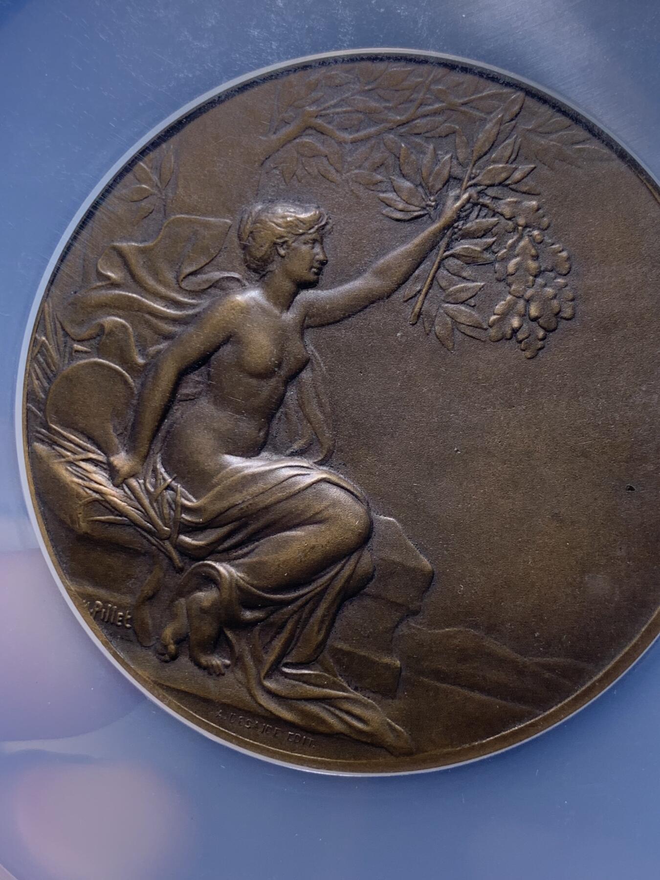 《竞宝斋》第436场 周日，周一2场连拍 （全场包邮） NGC MS63BN 法国索邦大学1933女子教育大铜章，美丽的月桂清凉女神，优雅美好。Pillet大师代表作之一，相传Pillet是以自己的妻子为模特。59mm大规格，大盒封装