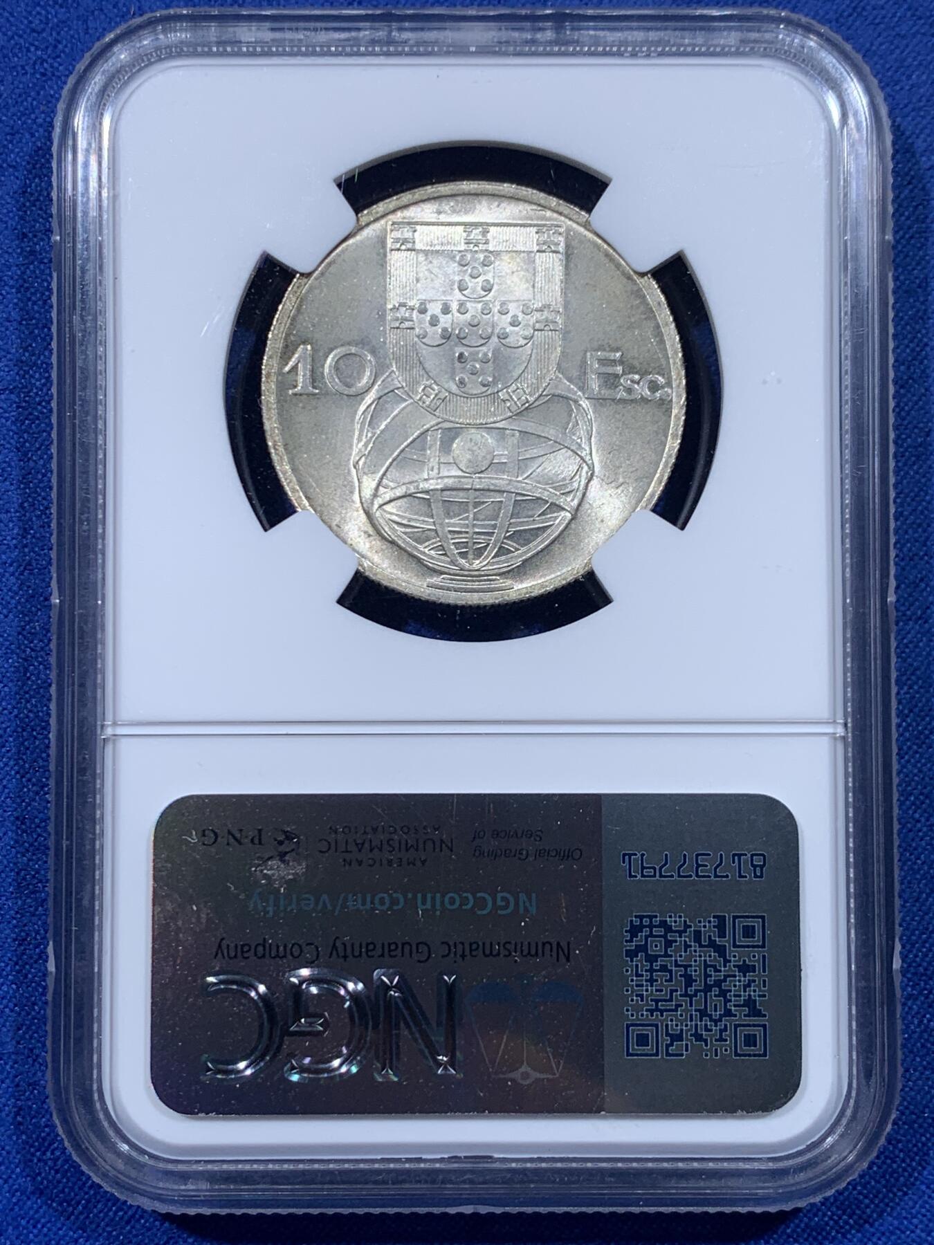 《竞宝斋》第436场 周日，周一2场连拍 （全场包邮） 三枚一组 NGC MS65/66 葡萄牙 1954/1947/1951年 帆船辅币 10/5/2.5埃斯库多银币