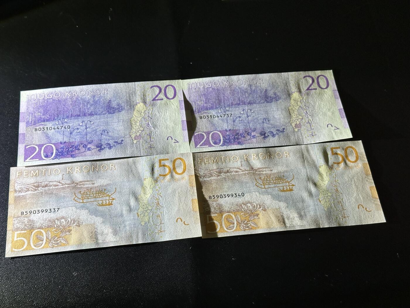 《外钞收藏家》第五百八十三期（精选场）（本期拍品丰富）（本平台长期征集拍品、欢迎藏友们联系合作） 瑞典最新版20和50克朗 2对四张一起 全新UNC  尾2同