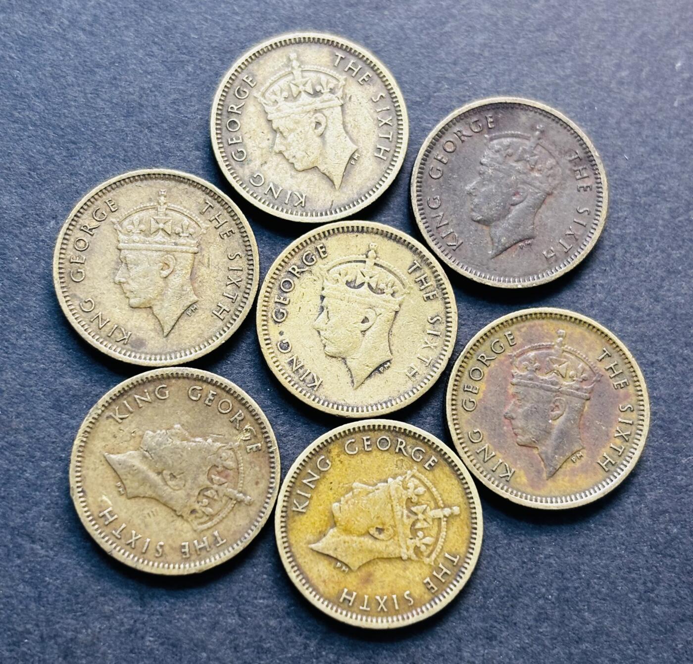 文馨钱币收藏第 280 场， 长期接收代拍品 1950 年英属香港乔治六世时期，香港五仙铜币 7 枚，第三版，关门年也是最后一版，只发行 2 年时间