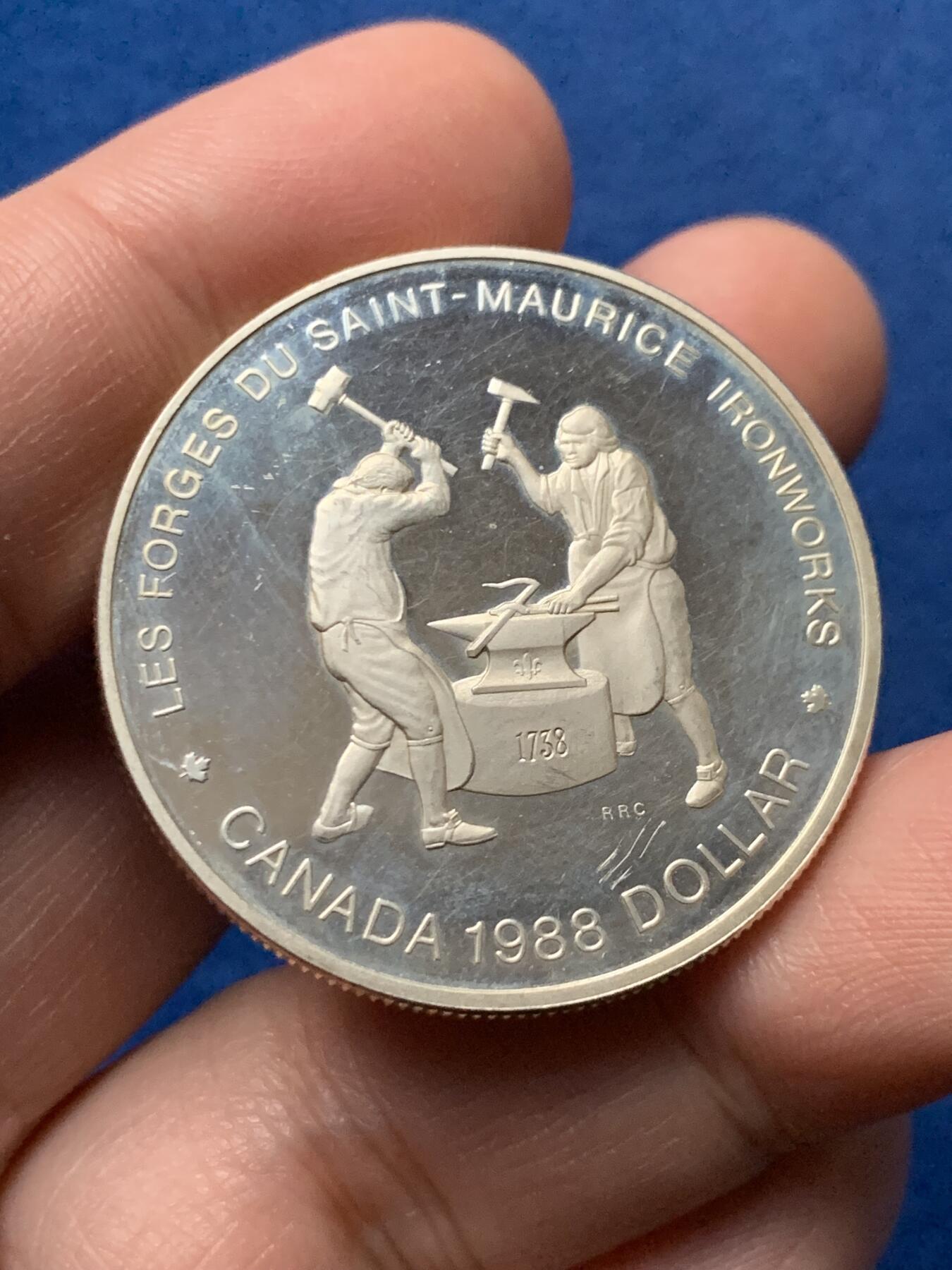 《竞宝斋》第436场 周日，周一2场连拍 （全场包邮） 好品 加拿大1988年圣莫里斯钢铁厂250周年1元精制银币 23.26g 500银