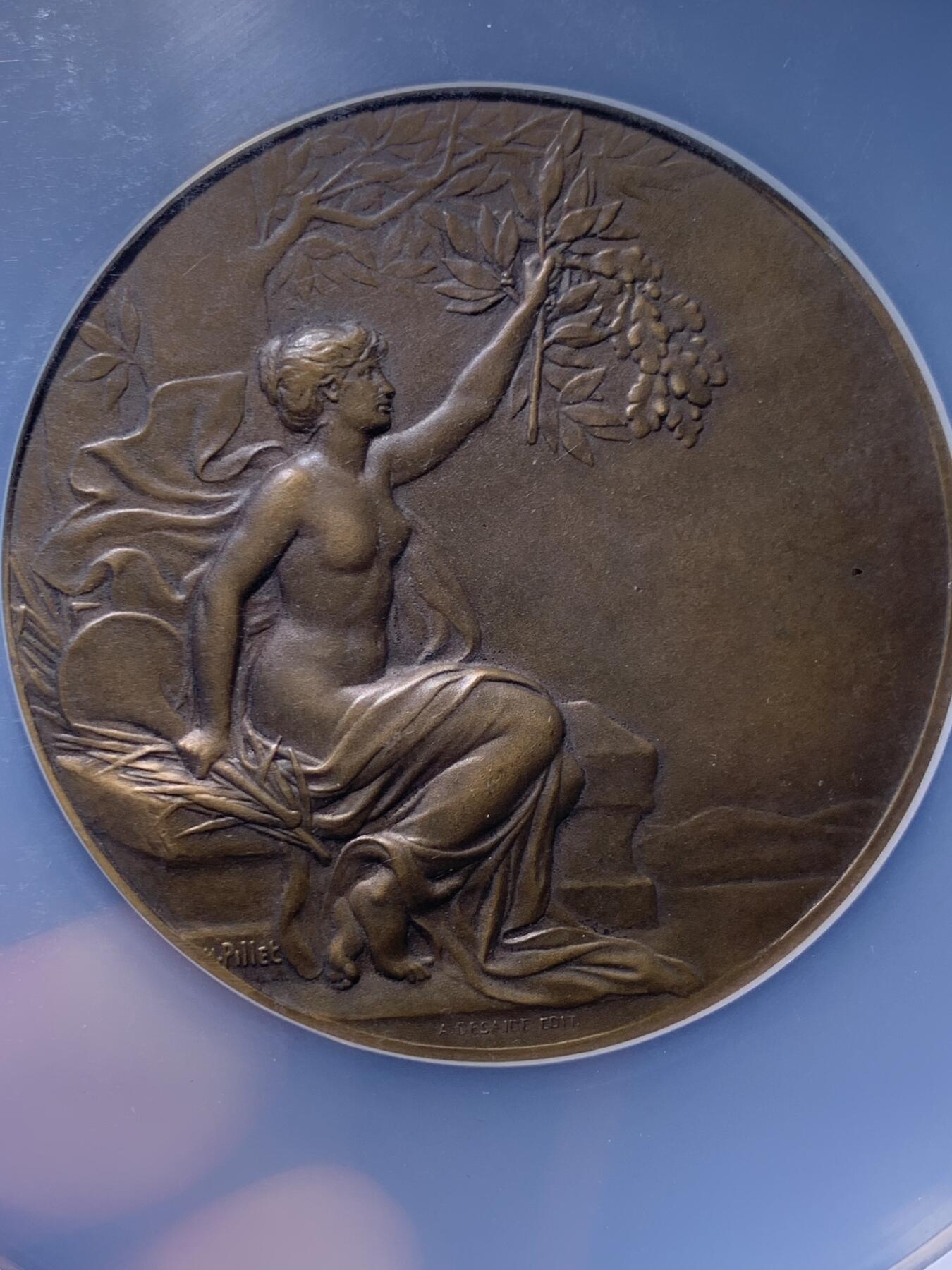 《竞宝斋》第436场 周日，周一2场连拍 （全场包邮） NGC MS63BN 法国索邦大学1933女子教育大铜章，美丽的月桂清凉女神，优雅美好。Pillet大师代表作之一，相传Pillet是以自己的妻子为模特。59mm大规格，大盒封装