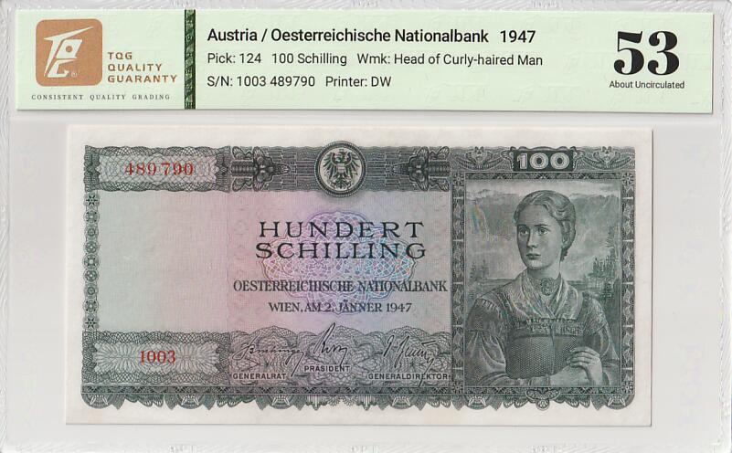 2025十一月第三期，总201期 奥地利1947版100先令TQG53分，稀有的战后初期高面值品种，经典的阿尔卑斯山区女性肖像和山间湖泊