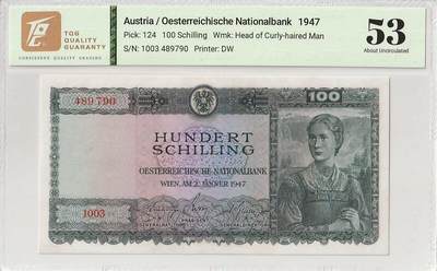 2025十一月第三期，总201期 - 奥地利1947版100先令TQG53分，稀有的战后初期高面值品种，经典的阿尔卑斯山区女性肖像和山间湖泊