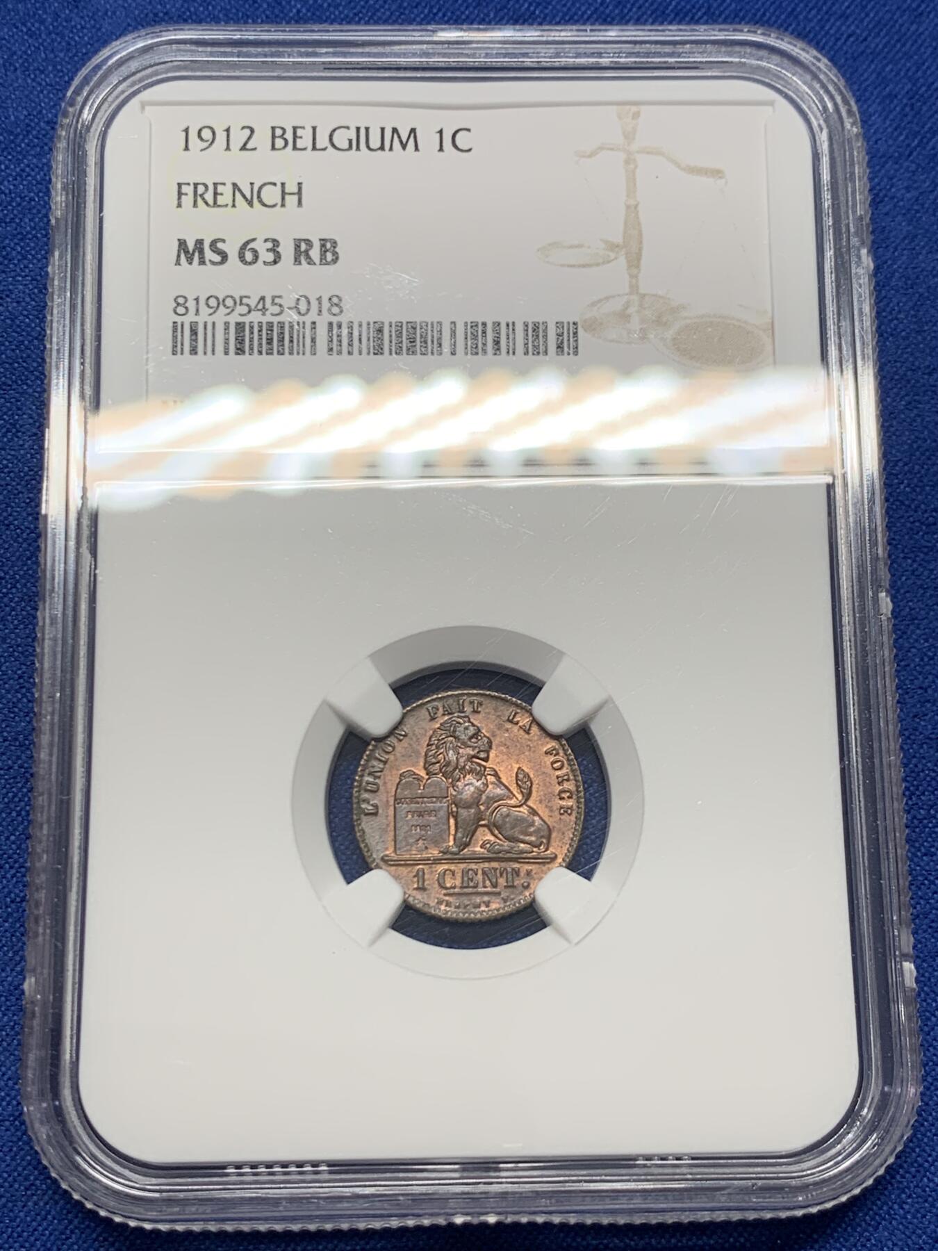 《竞宝斋》第436场 周日，周一2场连拍 （全场包邮） NGC MS63RB 比利时 1912年 狮子 1分 铜币 少见红光早期铜币 比利时经典品种