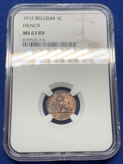 《竞宝斋》第436场 周日，周一2场连拍 （全场包邮） - NGC MS63RB 比利时 1912年 狮子 1分 铜币 少见红光早期铜币 比利时经典品种