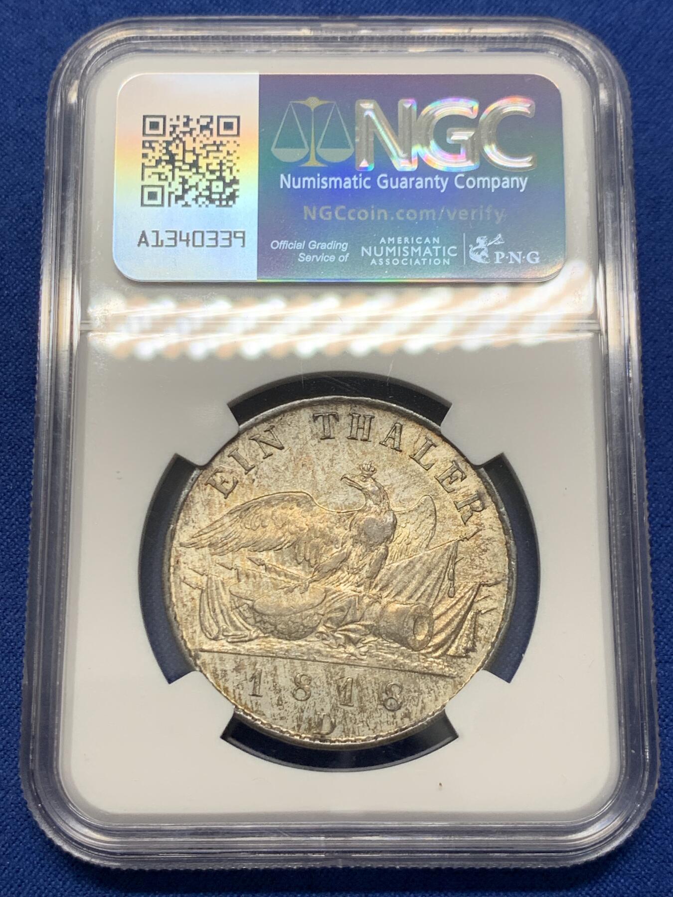 《竞宝斋》第436场 周日，周一2场连拍 （全场包邮） NGC AU58 德国普鲁士 1818年 威廉三世鹰炮泰勒 币面压力十足 完美转光感 难得好品