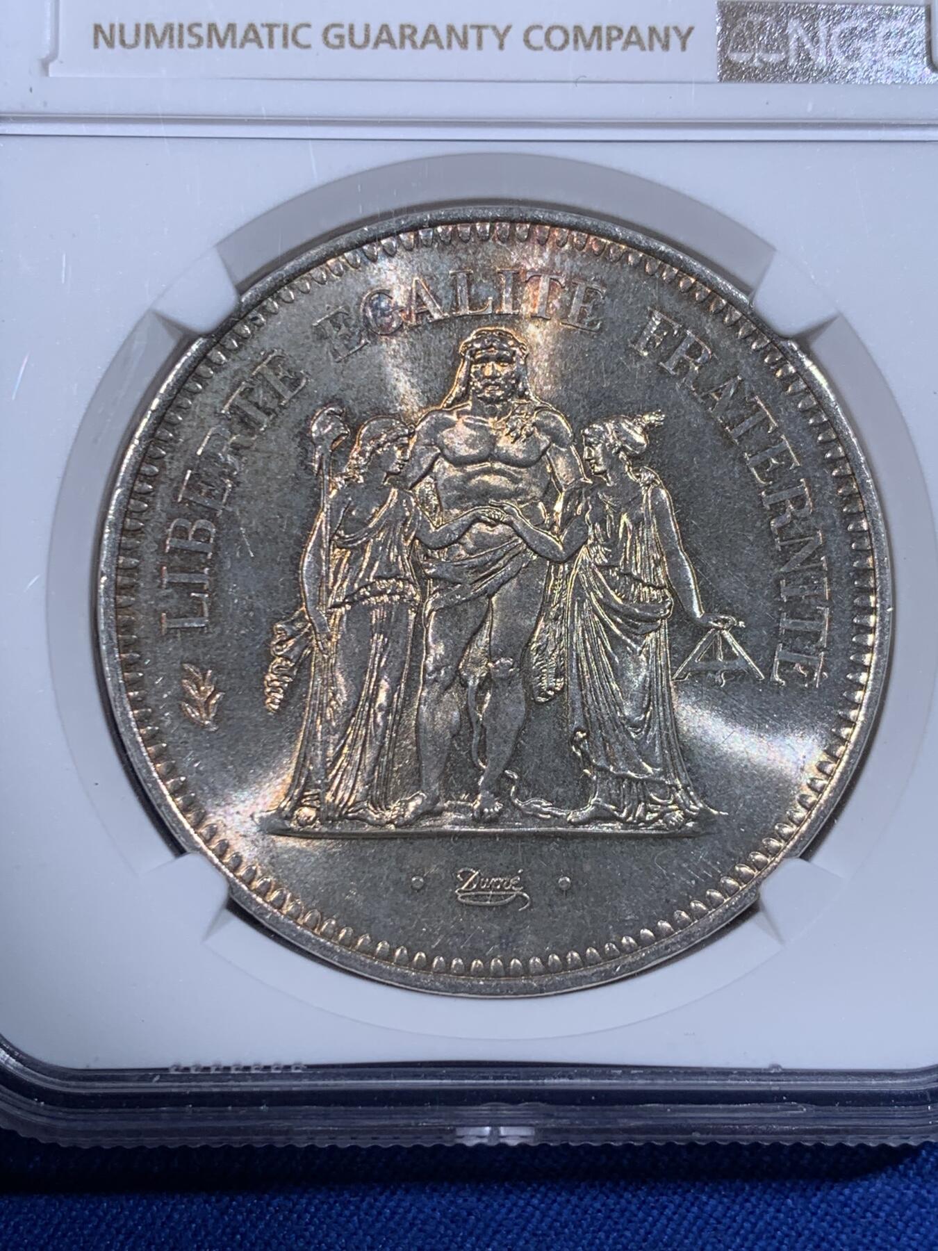 《竞宝斋》第436场 周日，周一2场连拍 （全场包邮） NGC MS66 法国1977年大力神50法郎银币