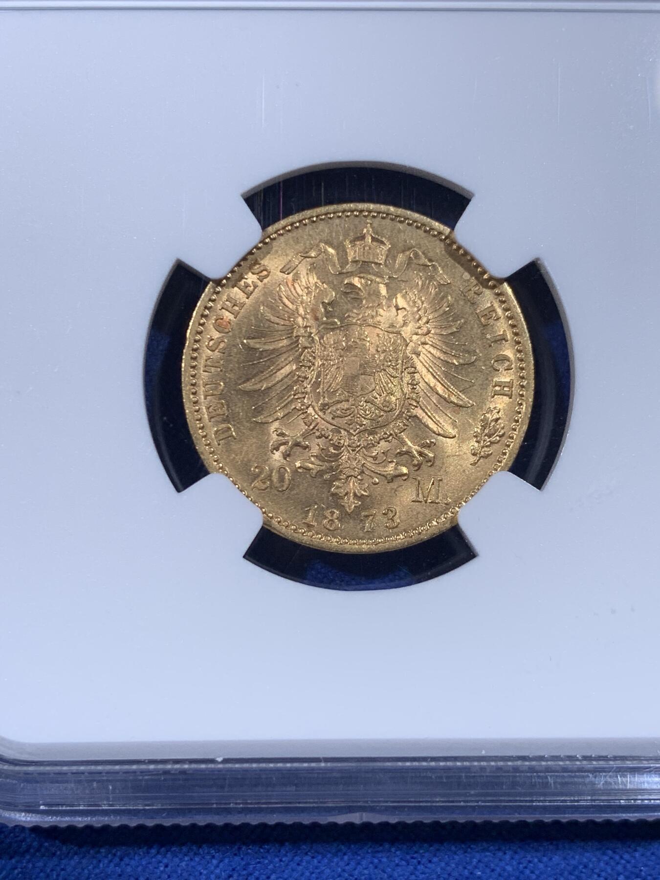 《竞宝斋》第436场 周日，周一2场连拍 （全场包邮） NGC MS63 德国1873符腾堡20马克金币 转光高分 可藏