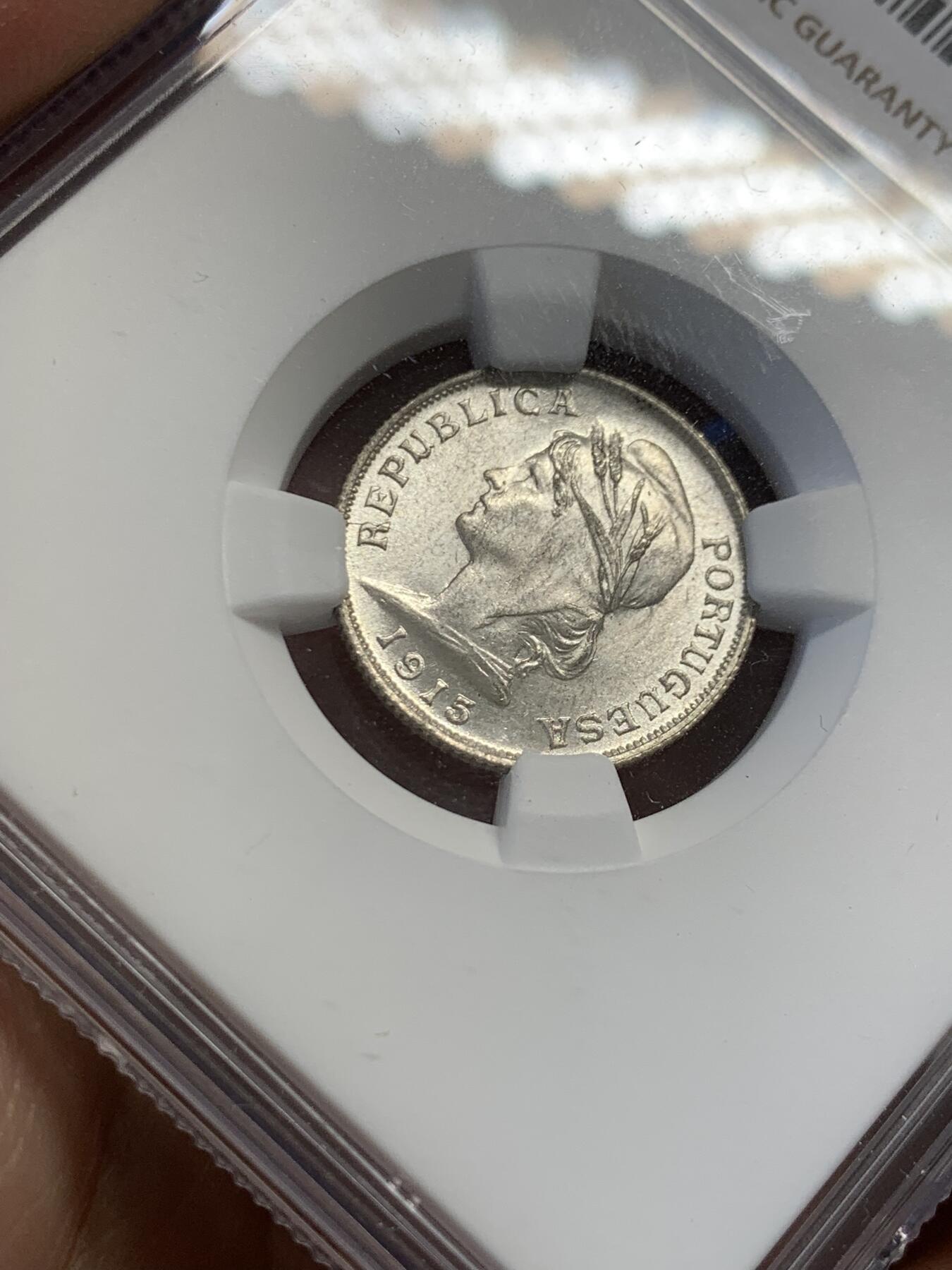 《竞宝斋》第436场 周日，周一2场连拍 （全场包邮） NGC MS63 葡萄牙 1915年 女神 10分银币 卷拆曝光好品