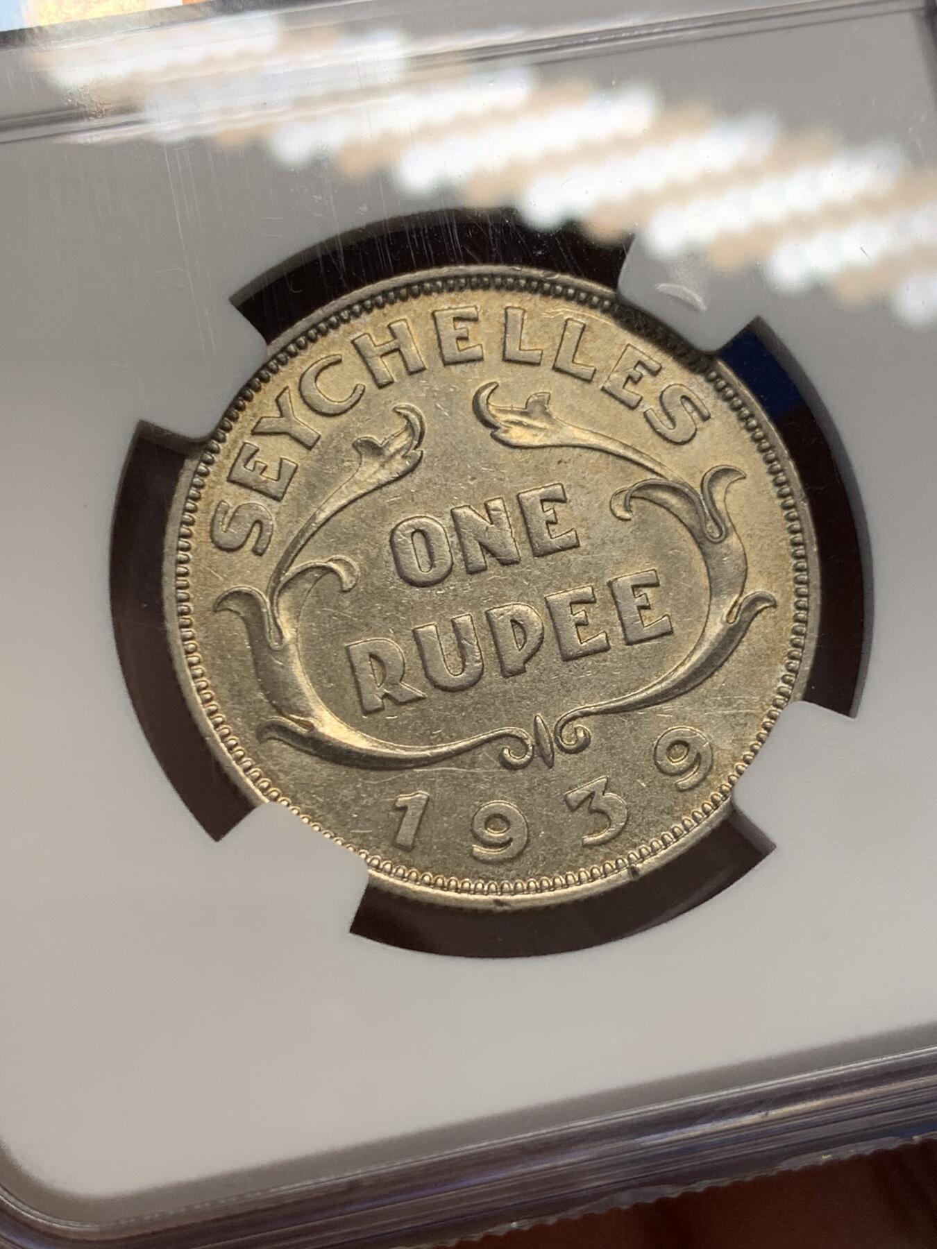 《竞宝斋》第436场 周日，周一2场连拍 （全场包邮） NGC AU53 英属塞舌尔 1939年 1卢比 银币 发行量仅9万枚 英国皇家造币厂铸造