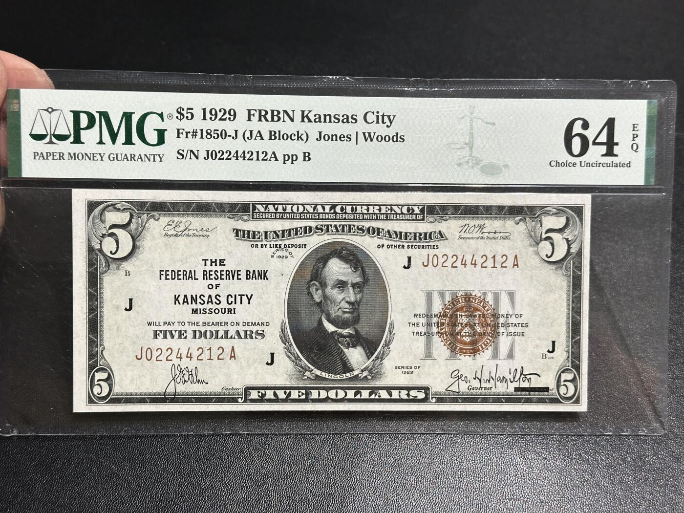 《外钞收藏家》第五百八十三期（精选场）（本期拍品丰富）（本平台长期征集拍品、欢迎藏友们联系合作） 1929年美国5美元 橙色库印 PMG64E