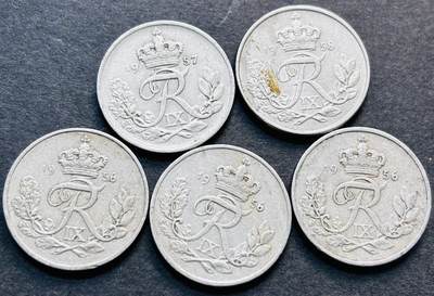 文馨钱币收藏第 280 场， 长期接收代拍品 - 少见 1956-1958 年丹麦佛雷德里克九世时期 第二版 10 欧尔 5 枚，包含 3 枚首发