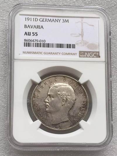 世界钱币专场拍卖 每周二开拍 - NGC AU55分1911年德国巴伐利亚奥托3马克流通银币