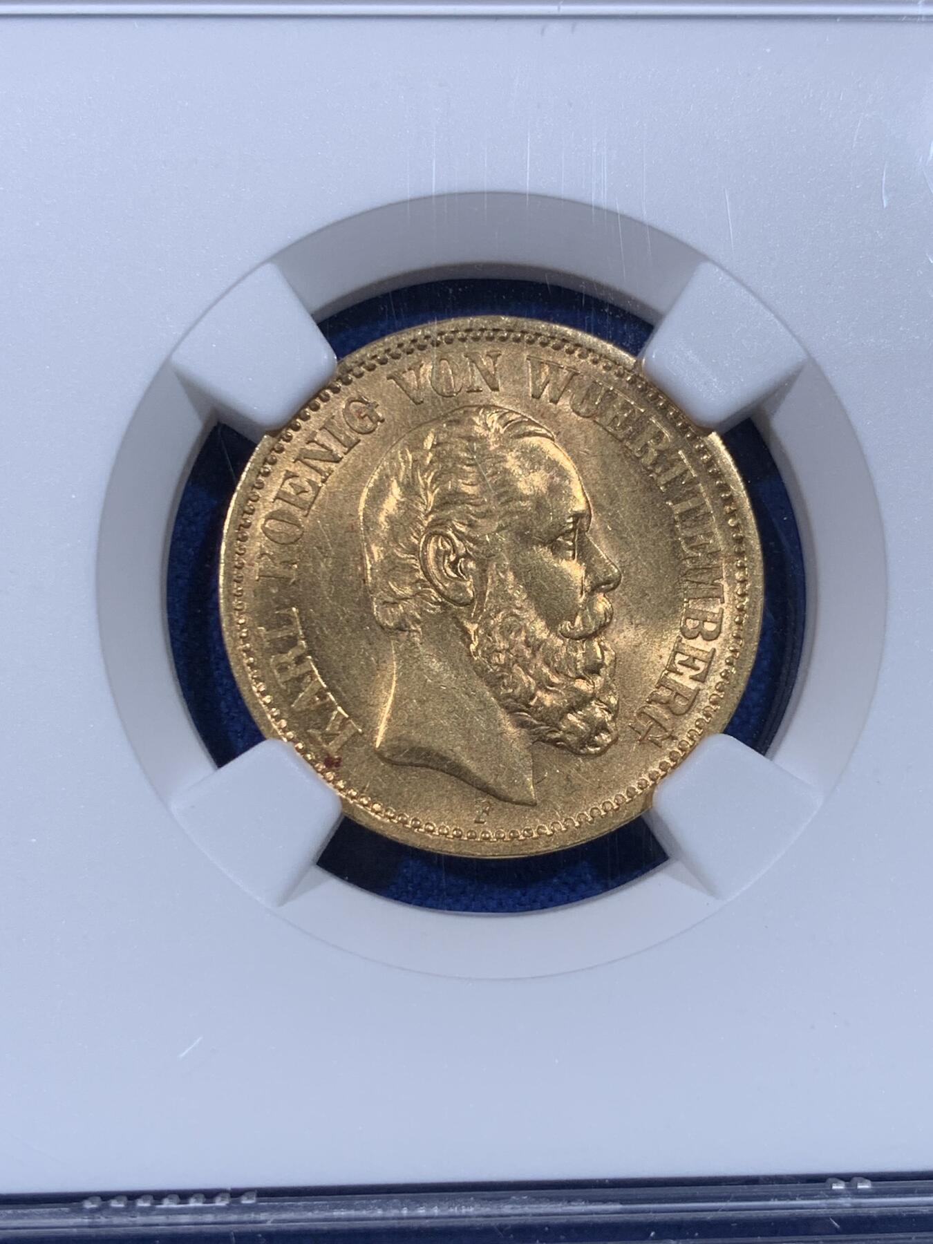 《竞宝斋》第436场 周日，周一2场连拍 （全场包邮） NGC MS63 德国1873符腾堡20马克金币 转光高分 可藏