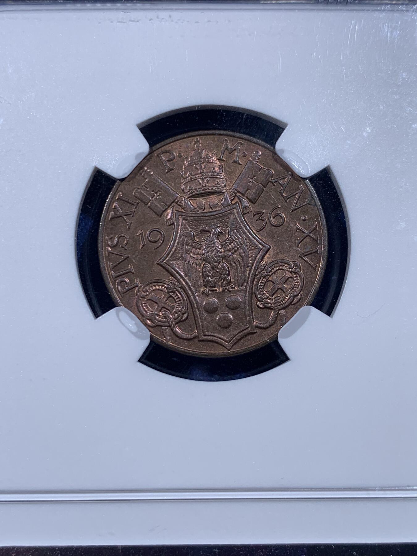 《竞宝斋》第436场 周日，周一2场连拍 （全场包邮） 两枚一组 NGC MS64BN 梵蒂冈 1936年 5分+10分铜币 同年同分 虽是辅币但依然制作精美