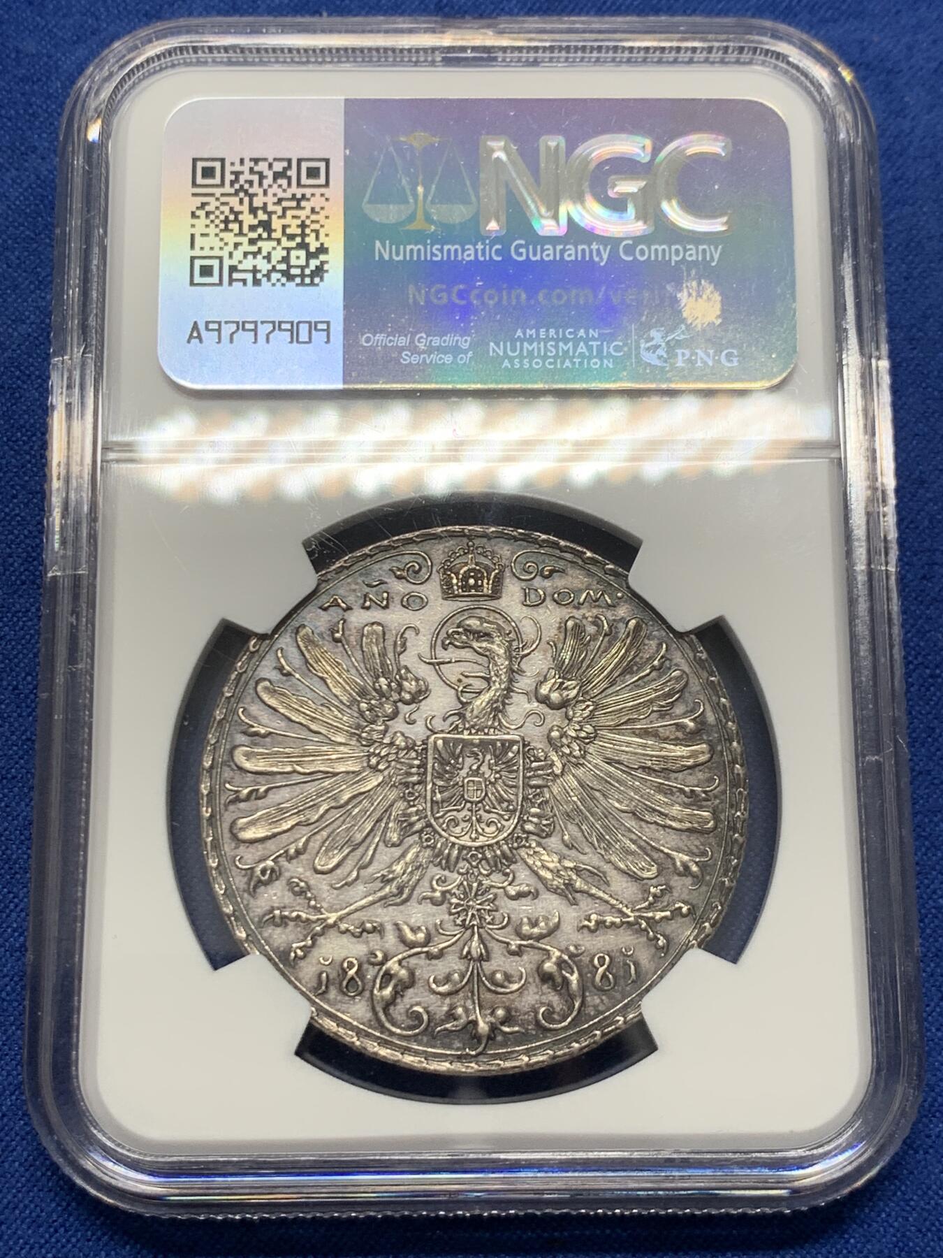 《竞宝斋》第436场 周日，周一2场连拍 （全场包邮） NGC MS62 德国1881年巴伐利亚慕尼黑联邦射击节大银章 浮雕喷砂感极强 慕尼黑徽章与枝叶纹理雕刻全深打难得。