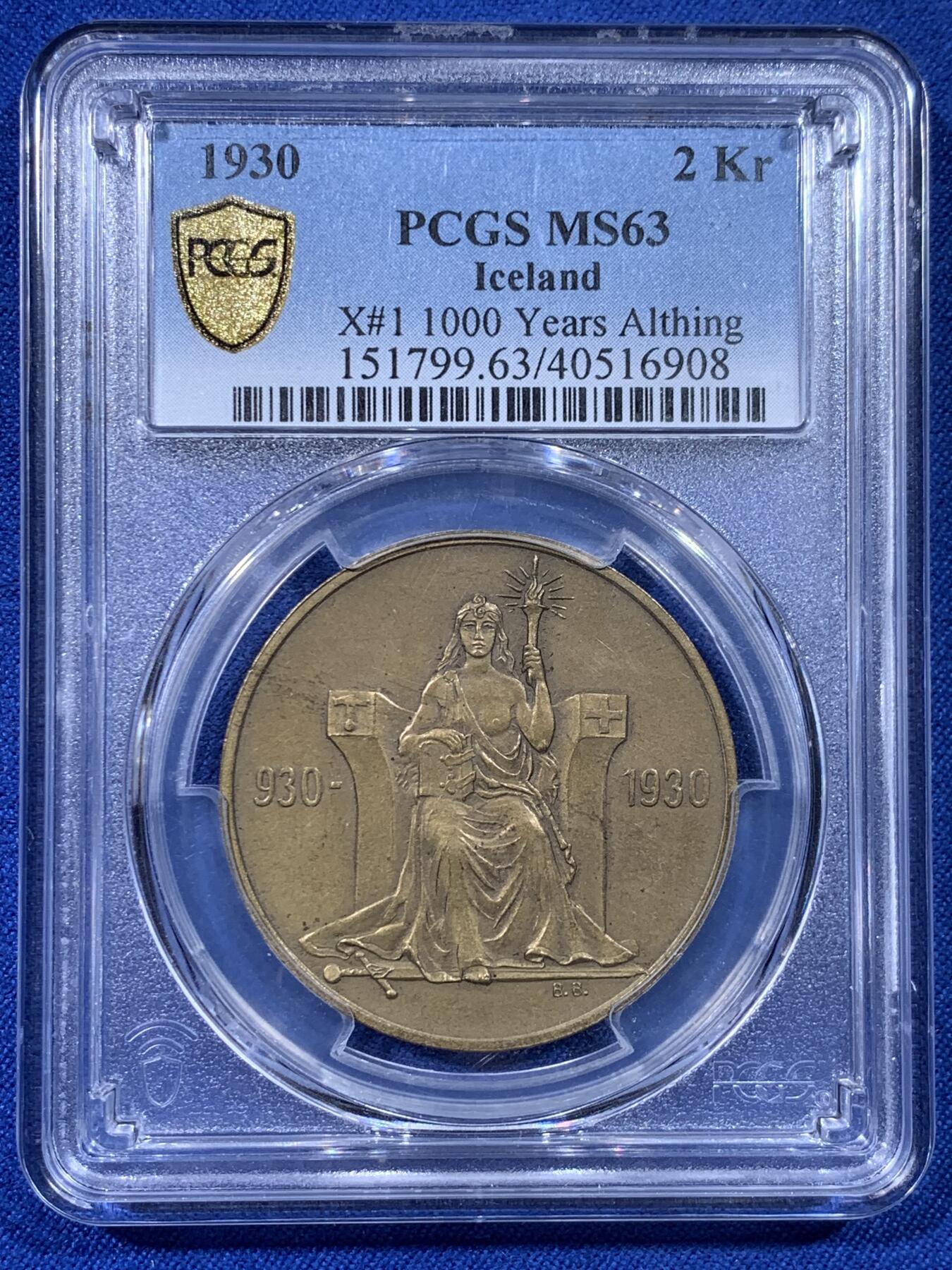 《竞宝斋》第436场 周日，周一2场连拍 （全场包邮） PCGS MS63 冰岛1930年迁徙千年纪念2克朗大铜币，手持火炬的清凉女神，高分好状态。入选克劳斯珍稀币目录