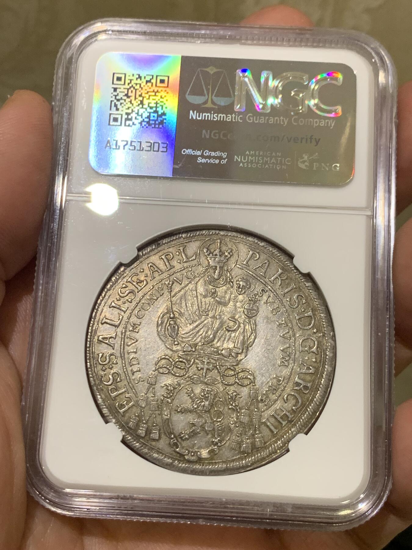 《竞宝斋》第436场 周日，周一2场连拍 （全场包邮） 唯一亚军分 NGC MS61 神圣罗马帝国 1644年 萨尔茨堡抱婴泰勒大银币 深打 反正面人物全脸 包浆也同样漂亮