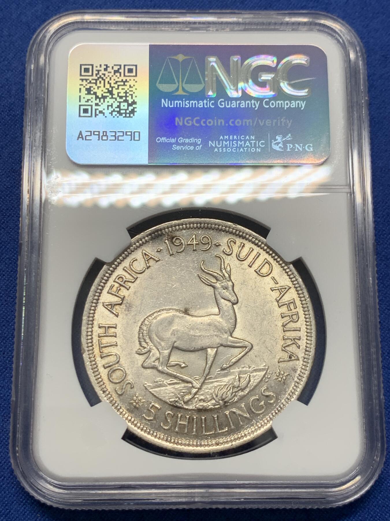 《竞宝斋》第436场 周日，周一2场连拍 （全场包邮） NGC AU58 南非1949年乔治六世羚羊5先令银币