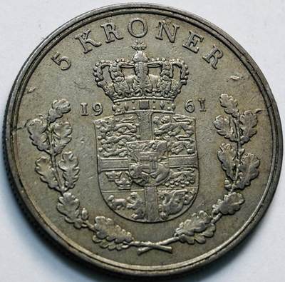 文馨钱币收藏第 280 场， 长期接收代拍品 - 好品 1961 年丹麦佛雷德里克九世国王 5 克朗，第一版