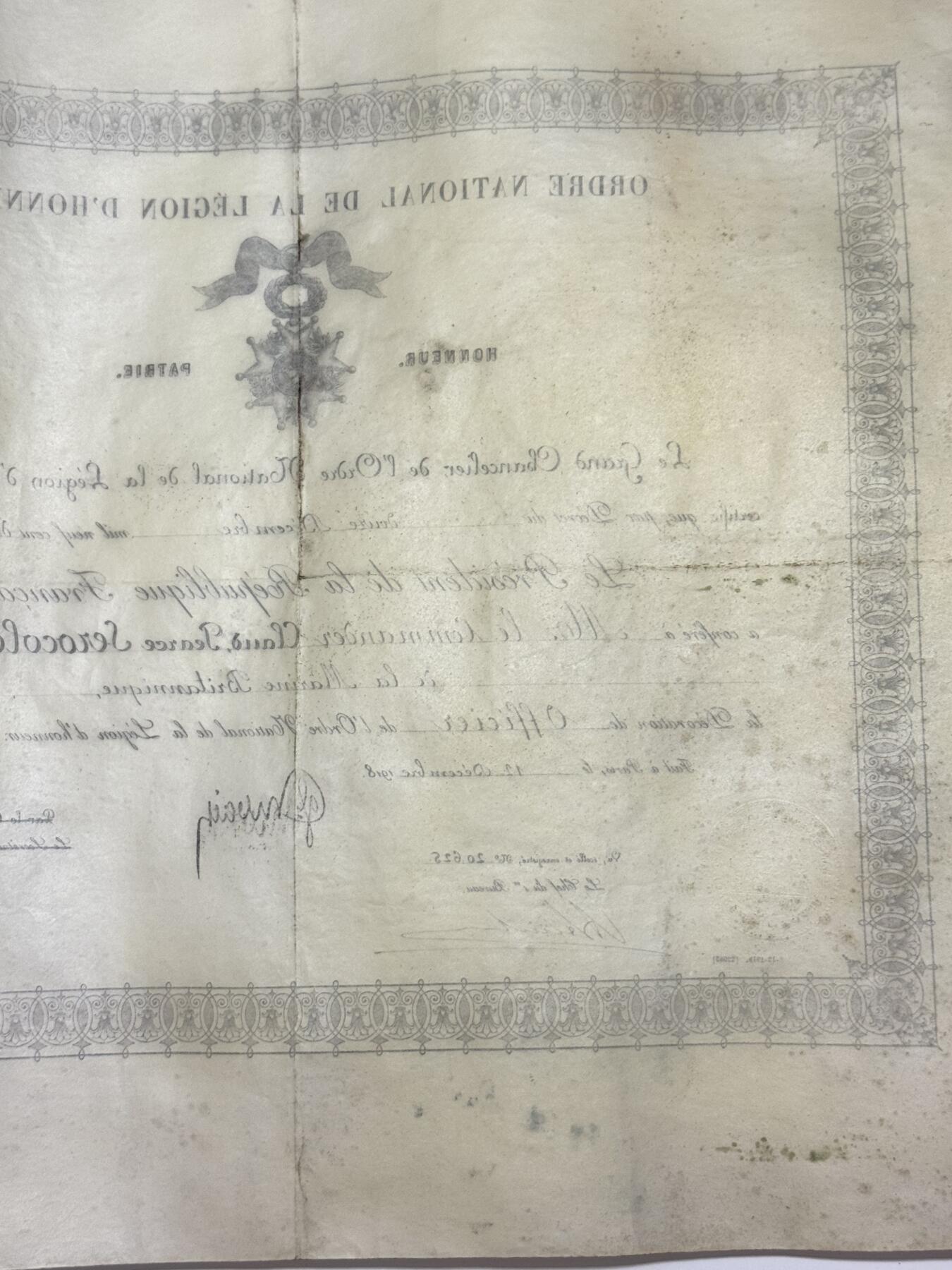 韵星假日精品2025秋季军品类拍卖会-- Rimey Holidays Boutique 2025 Autumn Militaria Sale 英国皇家海军军官奥罗科德的军官级荣誉军团勋章证书