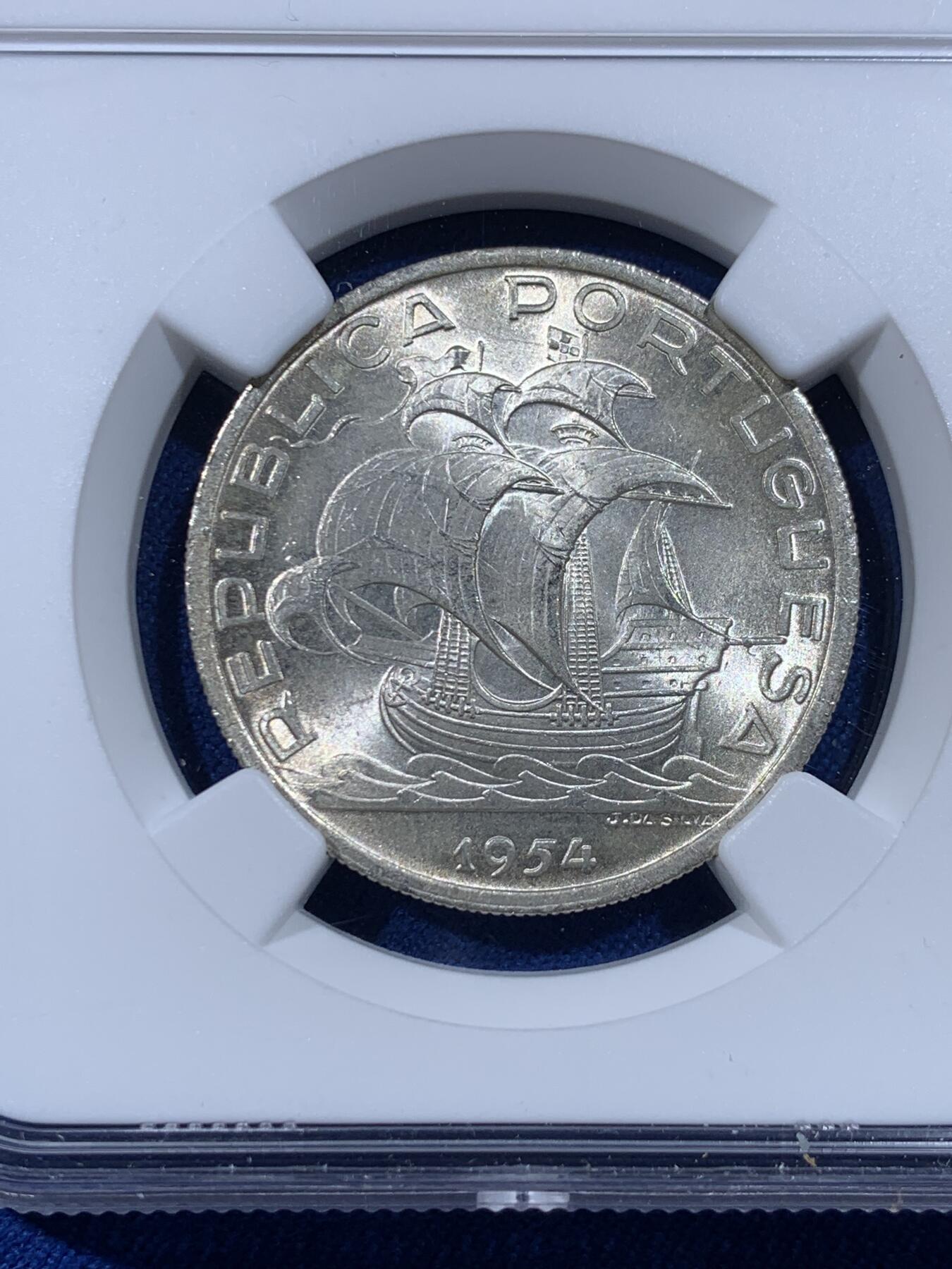 《竞宝斋》第436场 周日，周一2场连拍 （全场包邮） 三枚一组 NGC MS65/66 葡萄牙 1954/1947/1951年 帆船辅币 10/5/2.5埃斯库多银币