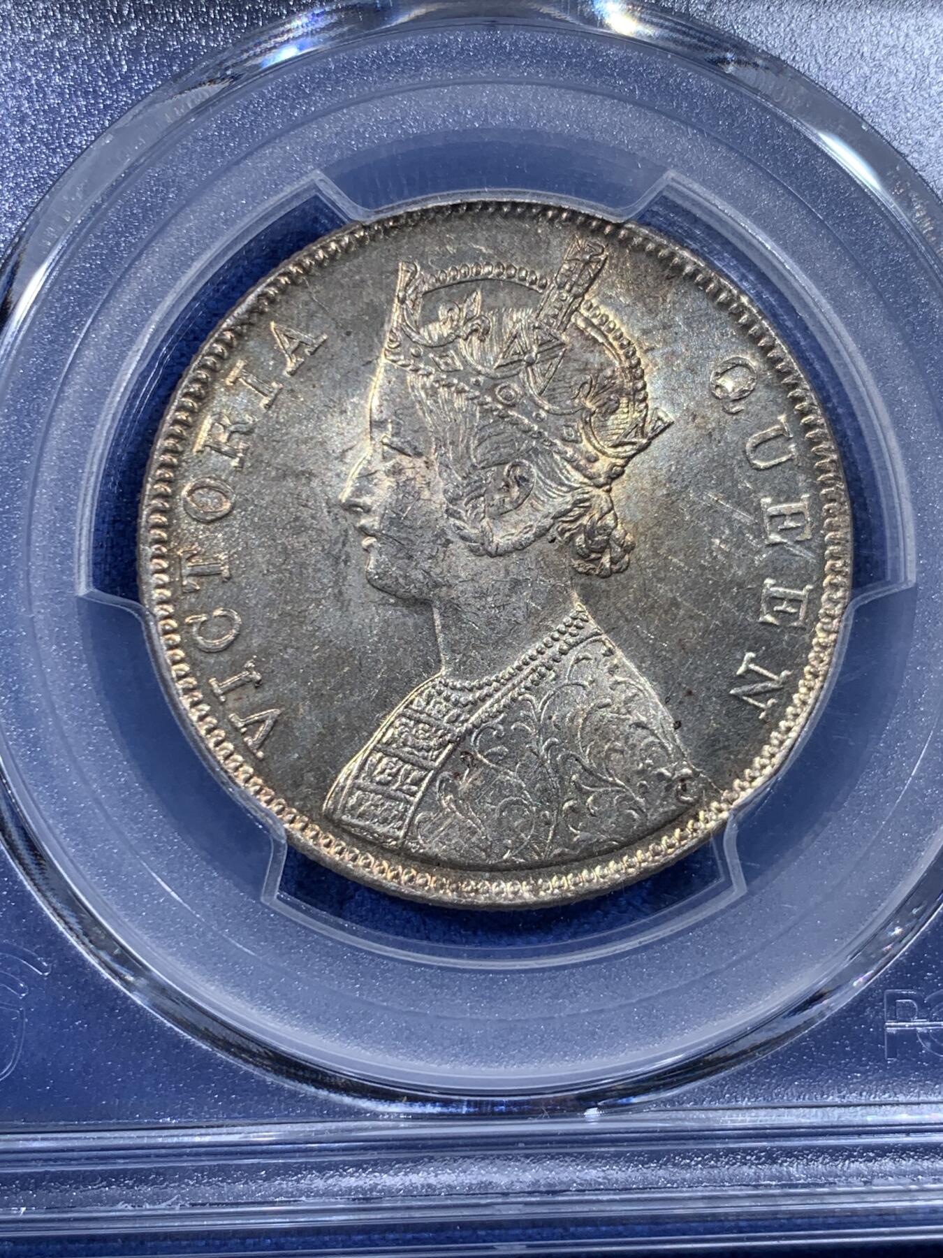《竞宝斋》第436场 周日，周一2场连拍 （全场包邮） PCGS MS62 英属印度1862年维多利亚女王1卢比银币，原光好状态