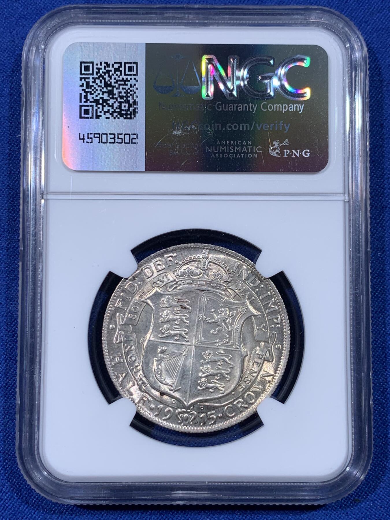 《竞宝斋》第436场 周日，周一2场连拍 （全场包邮） NGC MS65 英国1915年乔治五世半克朗银币，收藏级高分，极好品相，光度好，干净清爽。流通版能到65分难度很大，书价365美金，接近64分的两倍。P盒同分竞宝斋年初1880元不含佣成交