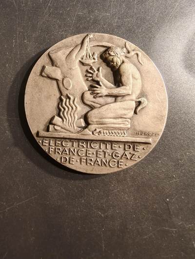 老王徽章第162期 -  法国电气公司镀银大铜章 大师Dropsy作品 直径54mm. 重量70g